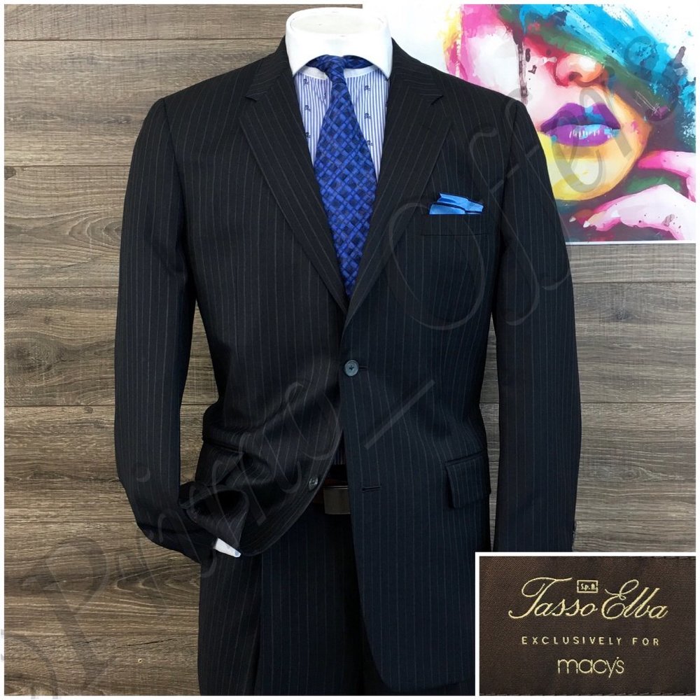 Tasso Elba Mens Suit 2 Piece Set Size 42L Jacket Blazer Pants Wool 2 Button